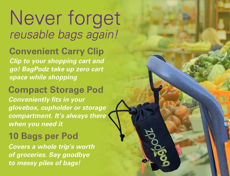 BagPodz Sturdy Reusable Grocery Bags Foldable and Washable - Made From RipStop Nylon Hold 50lbs - Designed in USA Reusable Shopping Bags Inside a Compact Pod with Carry Clip - 10 Pack in Green - Image 3